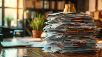 AI generated A Pile of Papers Sitting on the Office Desk photo