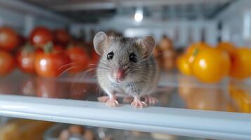 AI generated A small gray mouse with big eyes sits on an empty refrigerator shelf and looks at the camera photo