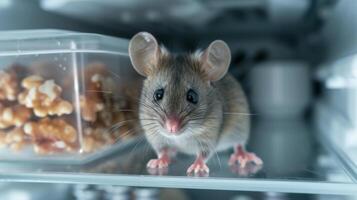 AI generated A small gray mouse with big eyes sits on an empty refrigerator shelf and looks at the camera photo