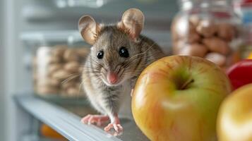 ai generado un pequeño gris ratón con grande ojos se sienta en un vacío refrigerador estante y mira a el cámara foto