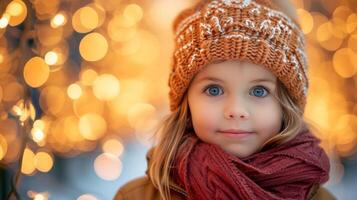 ai generado pequeño niña en festivo ropa en contra un fondo de Navidad luces foto