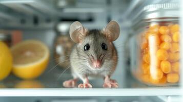 AI generated A small gray mouse with big eyes sits on an empty refrigerator shelf and looks at the camera photo