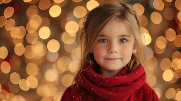 ai generado pequeño niña en festivo ropa en contra un fondo de Navidad luces foto