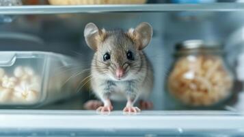 AI generated A small gray mouse with big eyes sits on an empty refrigerator shelf and looks at the camera photo