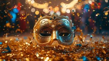 AI generated A shiny golden carnival mask lies on a golden table surrounded by confetti and glitter photo