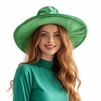 AI generated A woman in a large green hat stands smiling and looking at the camera on a white isolated photo