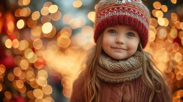 ai generado pequeño niña en festivo ropa en contra un fondo de Navidad luces foto