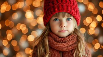 AI generated Little Girl in Festive Clothes Against a Backdrop of Christmas Lights photo