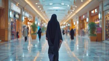 AI generated A young beautiful Arab woman in a black Abaya walks through a large shopping center photo