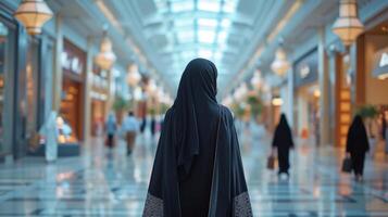 ai generado un joven hermosa árabe mujer en un negro abaya camina mediante un grande compras centrar foto