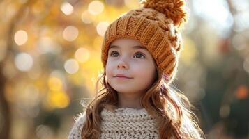 AI generated A young girl with chestnut hair wearing a cozy knit hat strolls through the park during autumn photo