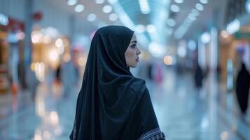 ai generado un joven hermosa árabe mujer en un negro abaya camina mediante un grande compras centrar foto