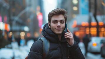 AI generated A young man walks along a city street and calls on the phone while looking at the camera photo