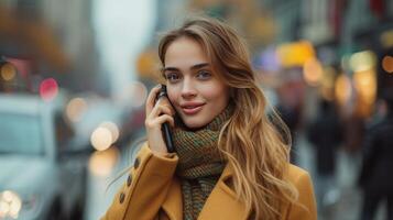 AI generated A young woman walks along a city street and calls on the phone while looking at the camera photo