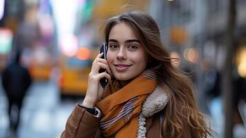 AI generated A young woman walks along a city street and calls on the phone while looking at the camera photo