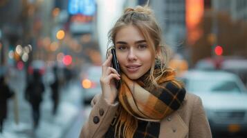 ai generado un joven mujer camina a lo largo un ciudad calle y llamadas en el teléfono mientras mirando a el cámara foto