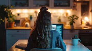 AI generated A young woman sits in dark blue pajamas and works on a computer at a table in the kitchen photo