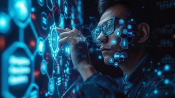 AI generated A businessman analyzes intricate data patterns with the aid of advanced AI algorithms photo