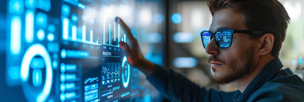 AI generated A businessman analyzes intricate data patterns with the aid of advanced AI algorithms photo