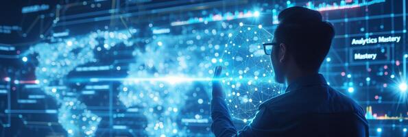 AI generated A businessman analyzes intricate data patterns with the aid of advanced AI algorithms photo