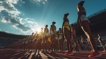 AI generated Athletes runners stand at the stadium getting ready to start photo