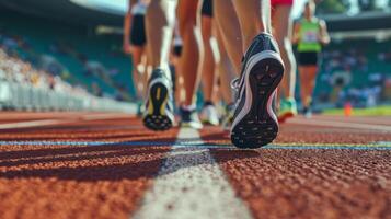 AI generated Athletes runners stand at the stadium getting ready to start photo