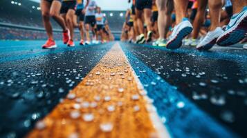 AI generated Athletes runners stand at the stadium getting ready to start photo