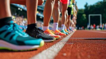 AI generated Athletes runners stand at the stadium getting ready to start photo