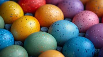 AI generated Background of multi-colored chicken eggs painted for Easter photo