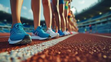 AI generated Athletes runners stand at the stadium getting ready to start photo