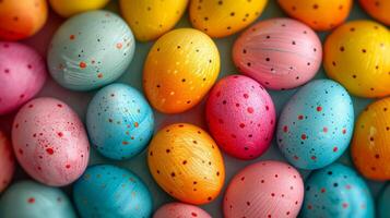 AI generated Background of multi-colored chicken eggs painted for Easter photo