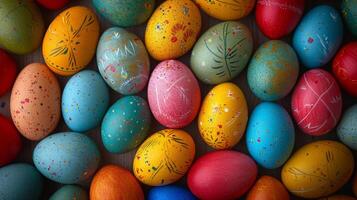 AI generated Background of multi-colored chicken eggs painted for Easter photo