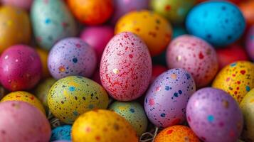 AI generated Background of multi-colored chicken eggs painted for Easter photo