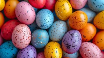 AI generated Background of multi-colored chicken eggs painted for Easter photo