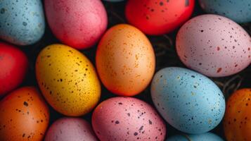 AI generated Background of multi-colored chicken eggs painted for Easter photo