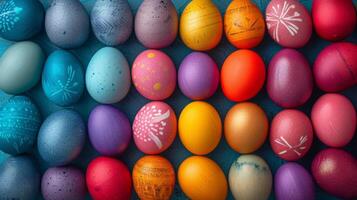 AI generated Background of multi-colored chicken eggs painted for Easter photo