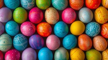 AI generated Background of multi-colored chicken eggs painted for Easter photo