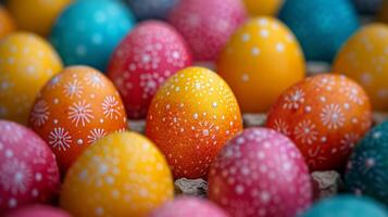 AI generated Background of multi-colored chicken eggs painted for Easter photo