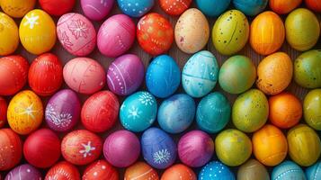 AI generated Background of multi-colored chicken eggs painted for Easter photo