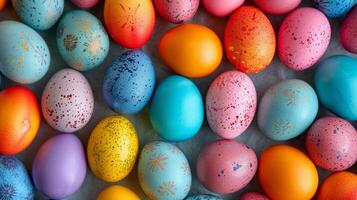 AI generated Background of multi-colored chicken eggs painted for Easter photo