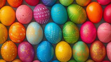 AI generated Background of multi-colored chicken eggs painted for Easter photo