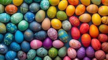 AI generated Background of multi-colored chicken eggs painted for Easter photo