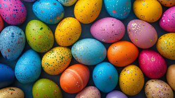 AI generated Background of multi-colored chicken eggs painted for Easter photo