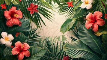 AI generated Beautiful background for advertising with tropical leaves, palm trees photo