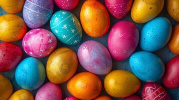 AI generated Background of multi-colored chicken eggs painted for Easter photo