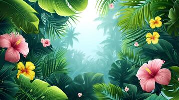 AI generated Beautiful background for advertising with tropical leaves, palm trees photo