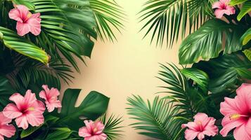 AI generated Beautiful background for advertising with tropical leaves, palm trees photo