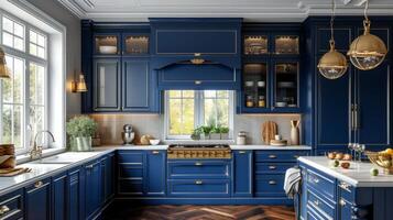AI generated Beautiful blue kitchen in a classic style photo
