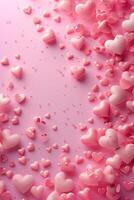 AI generated Beautiful delicate pink background with frame of voluminous 3D hearts and plenty of space for text photo
