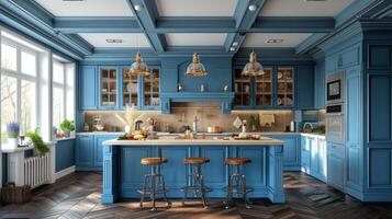 AI generated Beautiful blue kitchen in a classic style photo